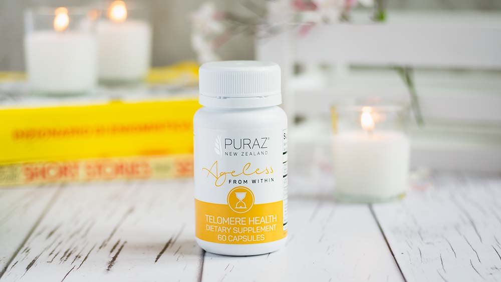Puraz New Zealand Telomere Health product with candles in the background